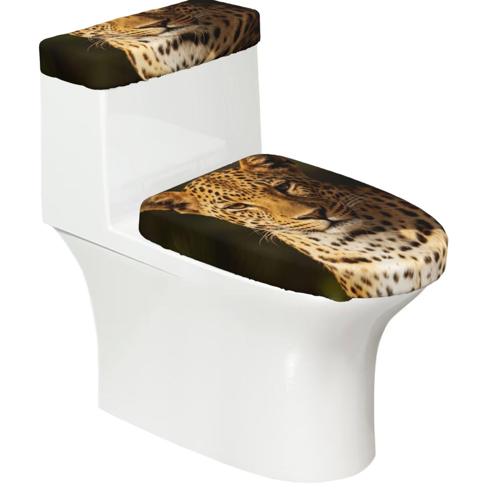 Cntdbu Black The Leopard Hunting Stretchy Toilet Lid And Tank Cover Set-Soft Elastic Bathroom Decor For U Shape Oval