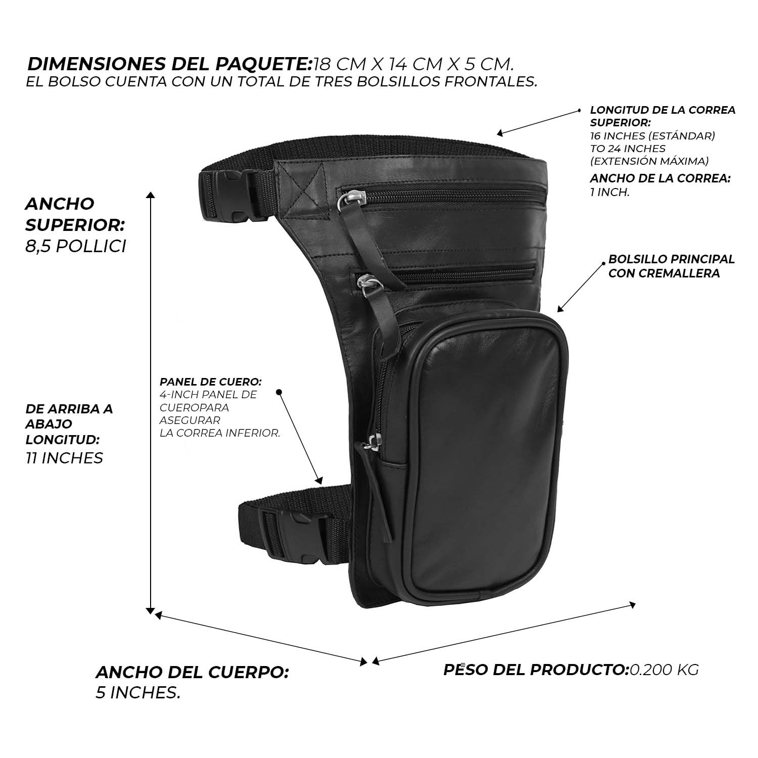 Leatherick Borsa da gamba in pelle - Pelle bovina anilina con cinghie regolabili, design multitasche e chiusure con cerniera