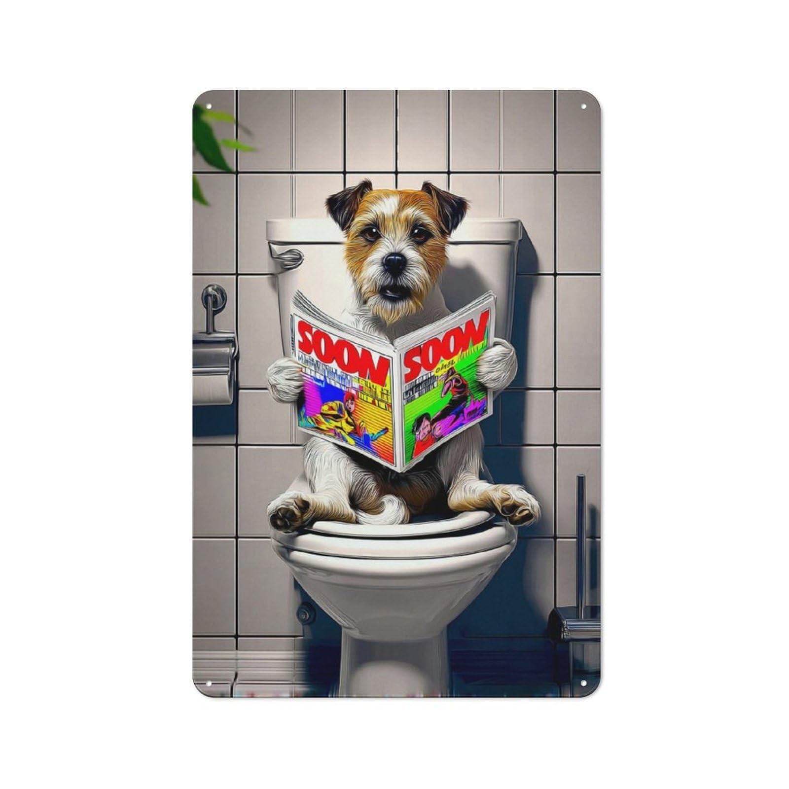 Junmoney Dog Reading Magazine On Toilet Tin Wall Plaque 30X20cm With For Guest Room Or Hallway, For Hallway Wall Decor Fans
