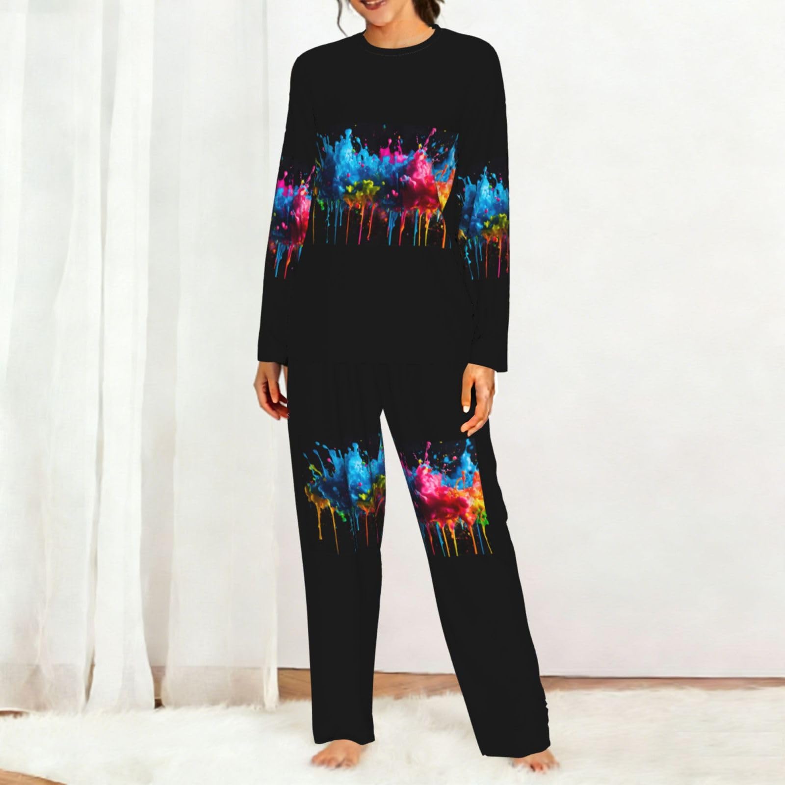 Paint Splatter sfondo stampa donna manica lunga pigiama abbinato morbido spiaggia vacanza biancheria da notte regalo casual