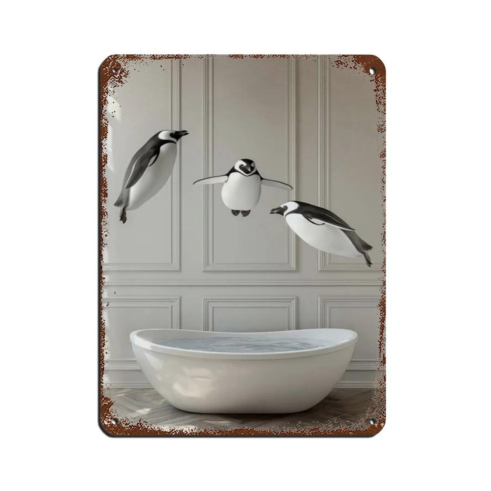 Penguins Jumping Into Bathtub, Bathroom Art Tin Sign Vintage Metal Pub Club Cafe Bar Home Wall Art Decoration Poster Retro 12x16inch(30x40cm)