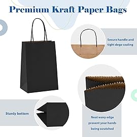 GSSUSA 200 Pack Black Paper Gift Bags 5.25x3.75x8\'\', Black Kraft Bags with Handles Bulk for Shopping, Craft, Grocery, Party, Retail, Lunch, Business, Wedding, Merchandise, Boutique
