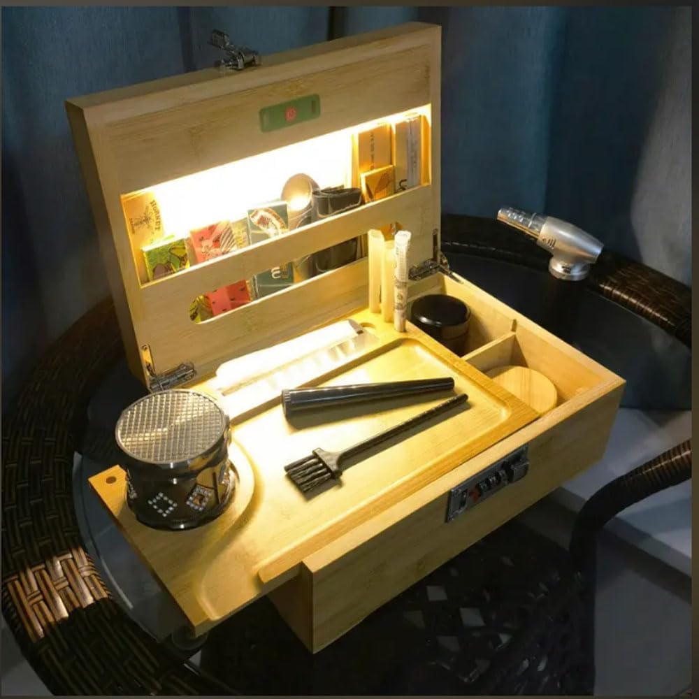 Großes Bambus Box Tablett Set Mit Zahlenschloss,Premium Herausnehmbares Tablett, Und Alles Zubehör(27 * 18 * 15 cm Primärfarbe)