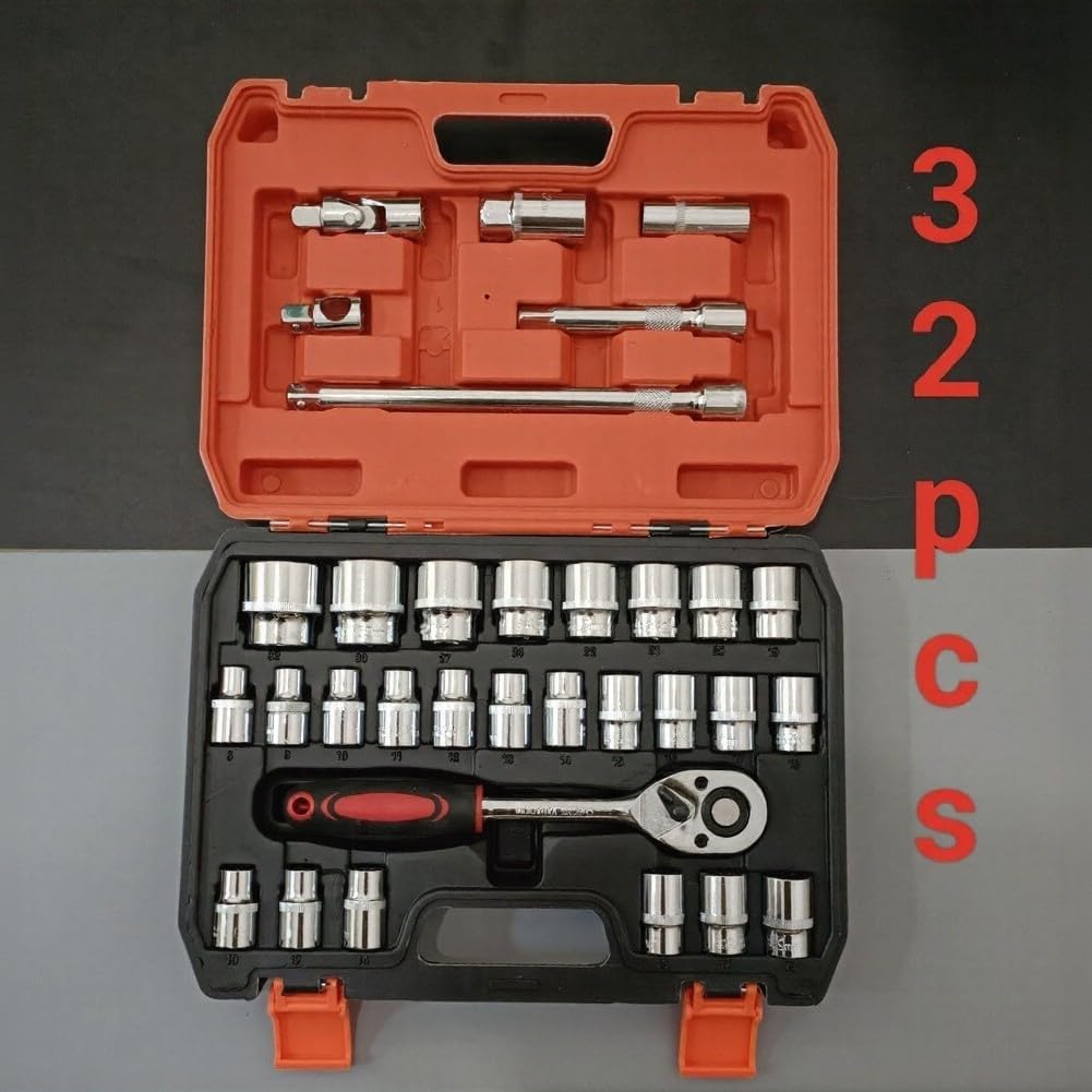 Valigetta Attrezzi 32 per pz Cricchetto Auto per moto Riparazione(32PC) | Acciaio al carbonio cromato, ruggine, per facile , 32 completi, uso quotidiano