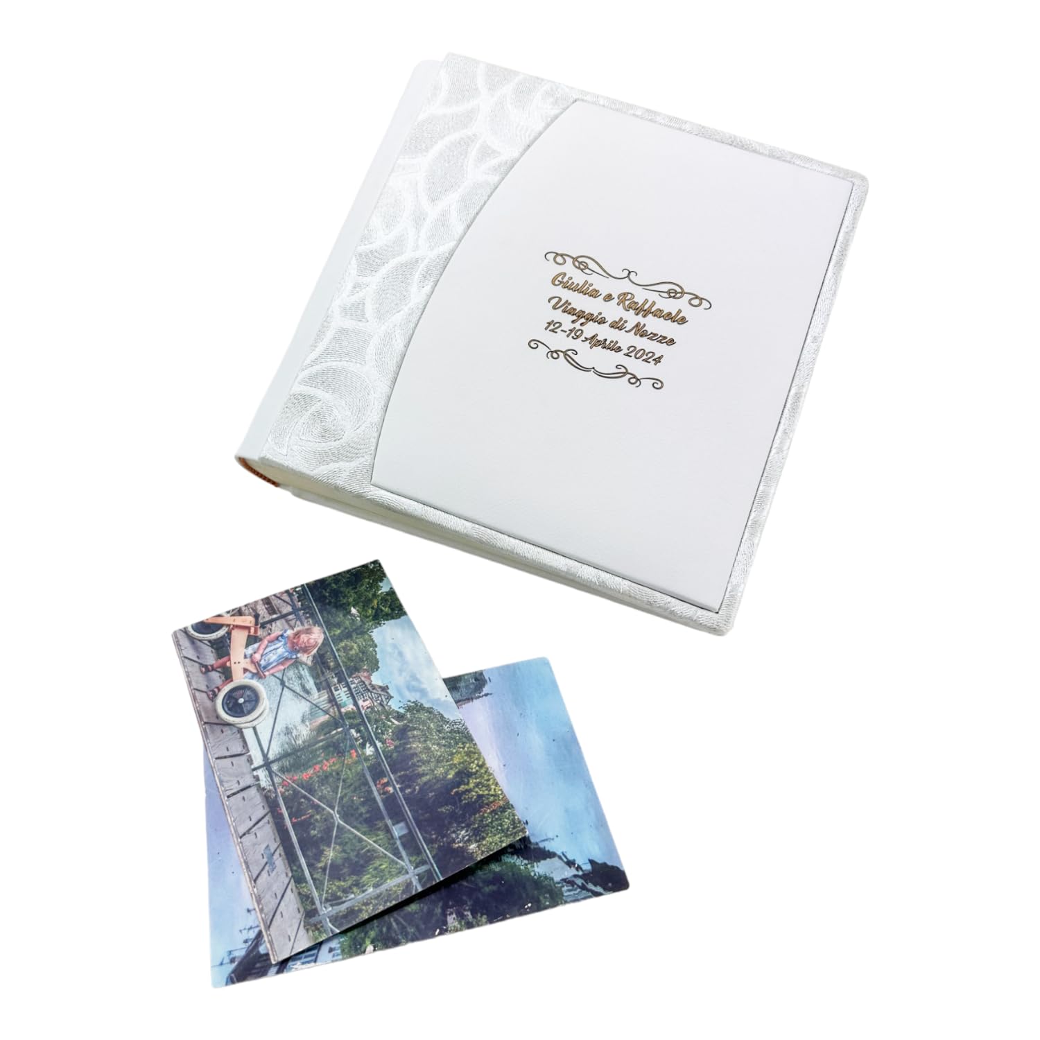 Album fotografico - Arcos - produzione artigianale in similpelle, personalizzabile con incisione. classico con velina, Matrimonio, Compleanno, Regalo, Wedding, Anniversario (Bianco/Saffiano R.Bianco)