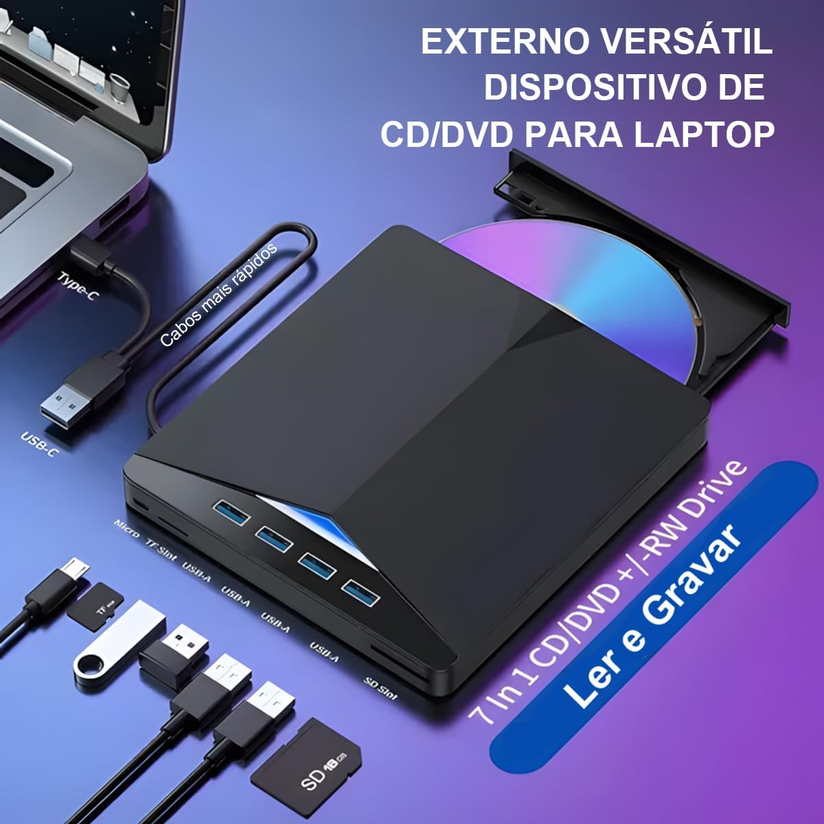 Gravador Externo DVD USB 3.0, Leitor CD/DVD Portátil com Hub USB 7 em 1, Compatível com Windows, Preto
