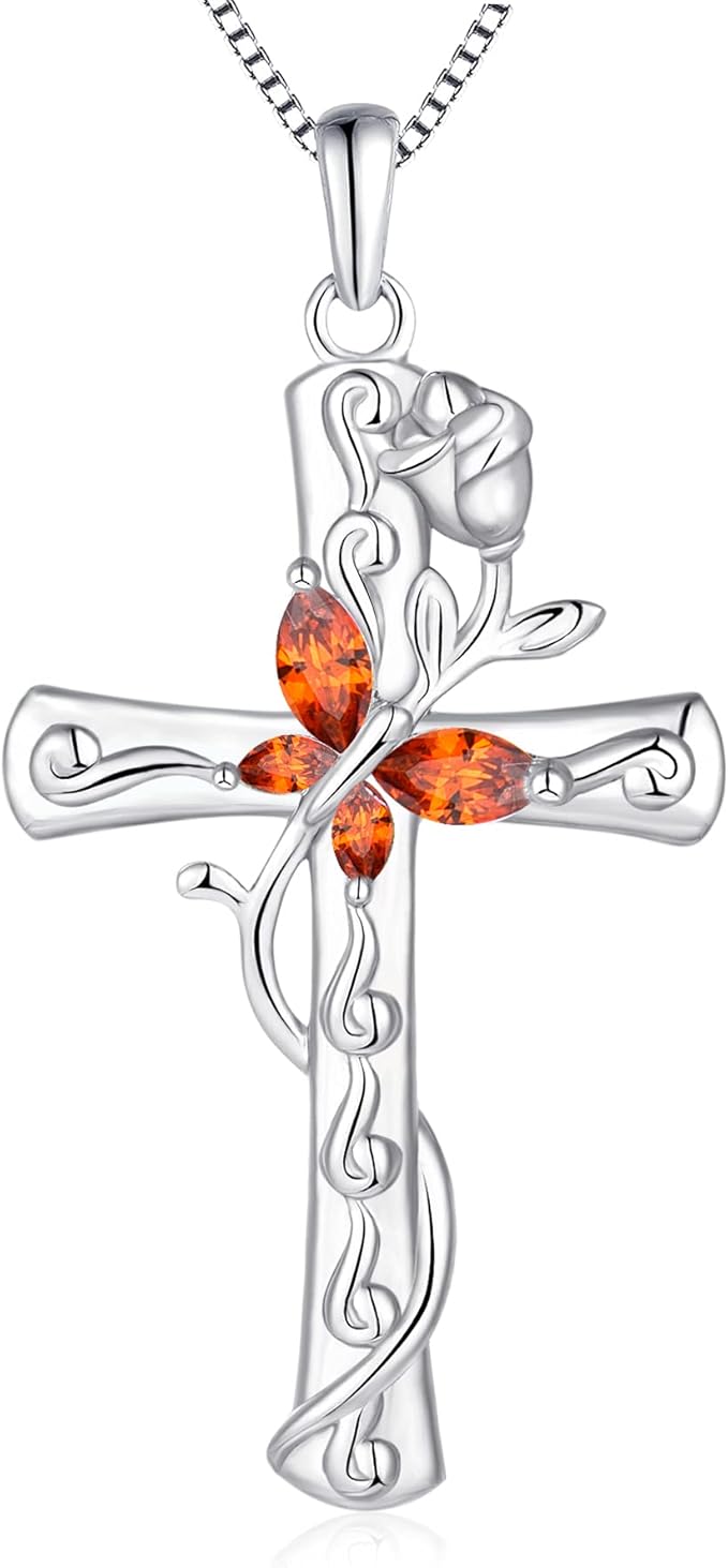 YL Butterfly Cross Necklace Sterling Silver Cubic Zirconia Rose Pendant