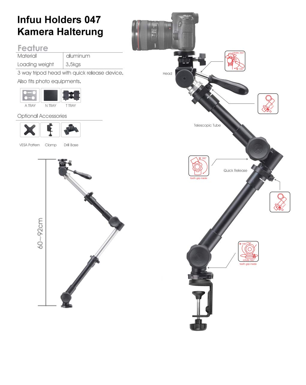 Soporte universal y trípode de fotos macizo con pinza para mesa para videocámaras Infuu Holders 047