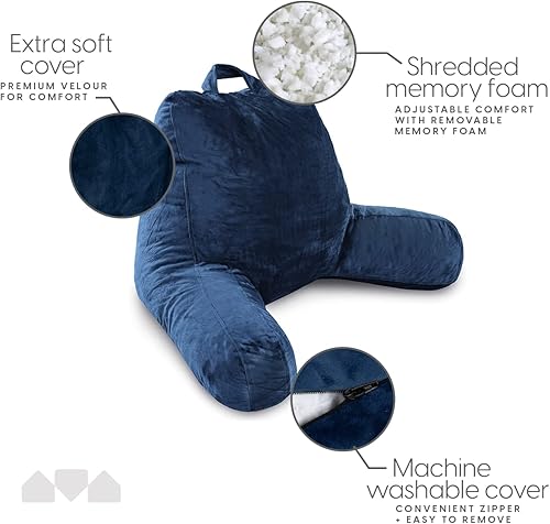 Vista 27 de Milliard CertiPUR - Almohada de lectura con brazos, color negro, acogedora almohada trasera de espuma viscoelástica triturada para cama sentada