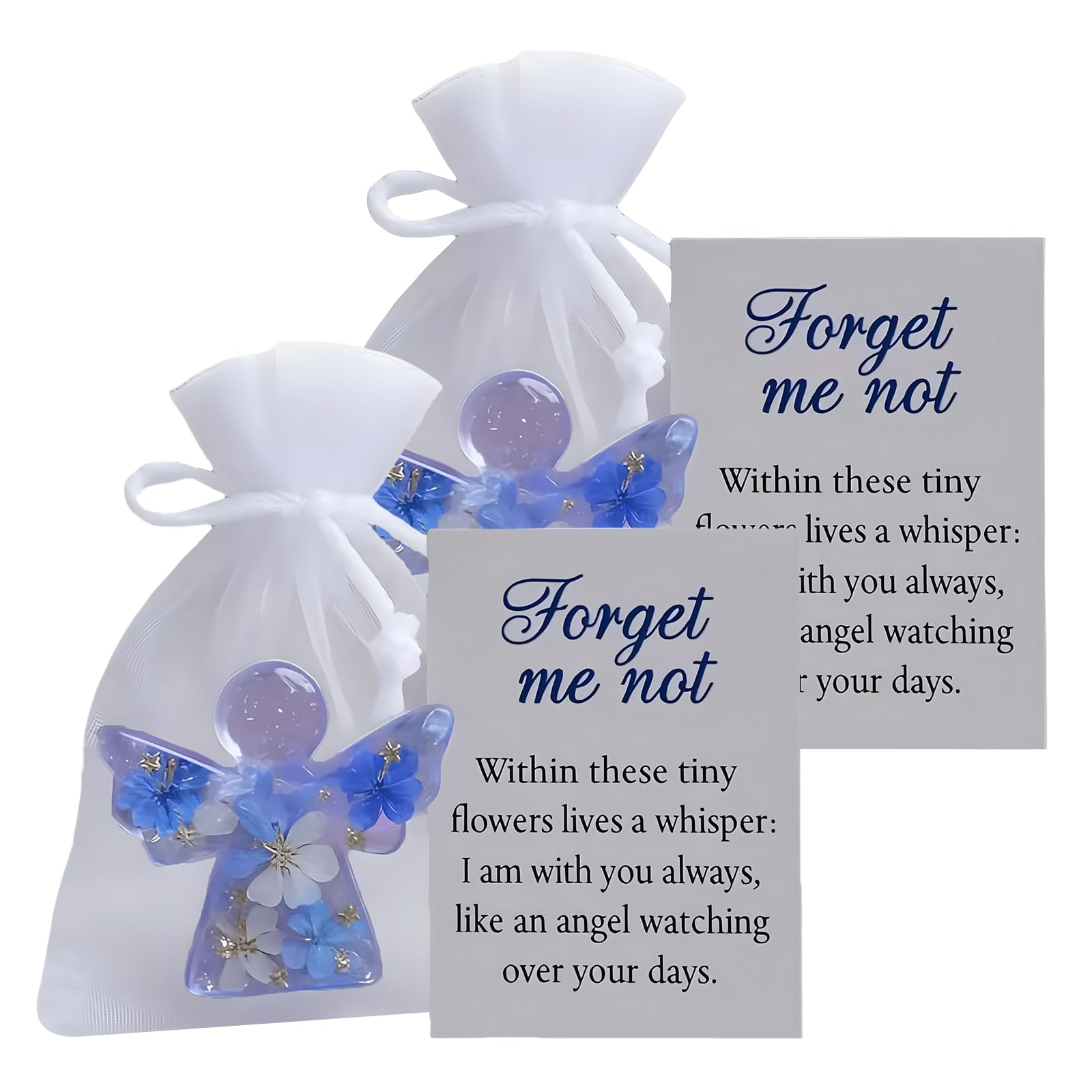 Heuiop Blue, White 2 Pcs Forget Me Not Angel Keepsake Gift, Forget Me Not Gifts With Flower Accents And Memorial Cards, Pocket Hug Angel For Peace And Remembrance In Times Of Sorrow
