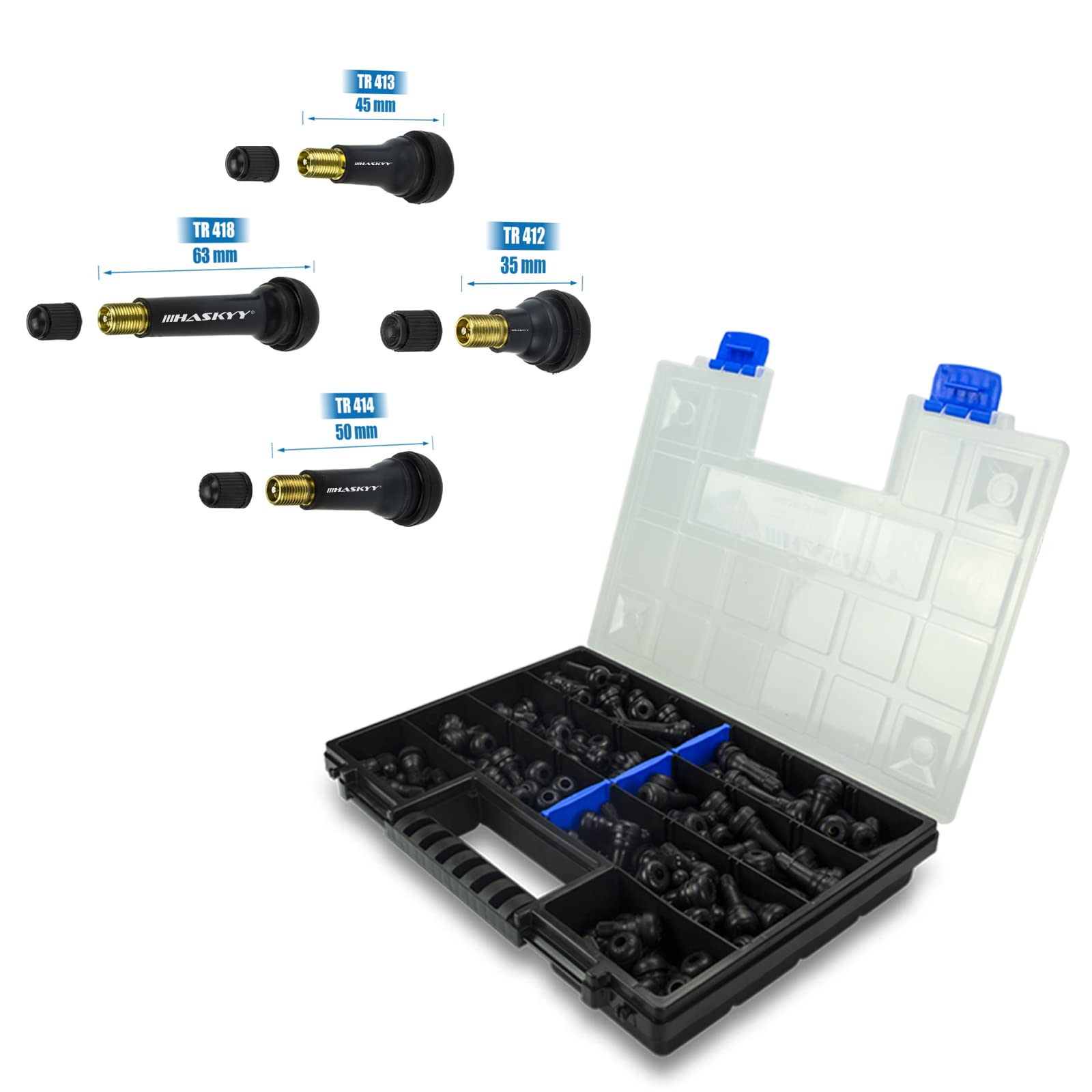 HASKYY 300 Autoventile Gummi Set 50x TR412, 100x TR413, 100x TR414, 50x TR418 I Snap-in-Pkw Gummi Ventil I Ventilkappe Reifen Ventilaufsatz
