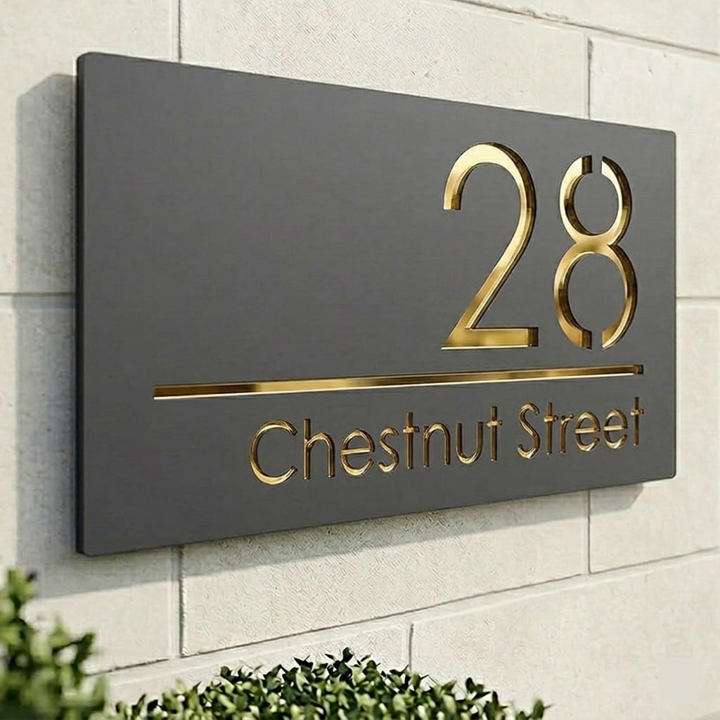 House Numbers Plaques Door Plaques Door Number For Wall House Floating House Sign Laser Cut Floating House Sign (Matt Grey & Gold Text)