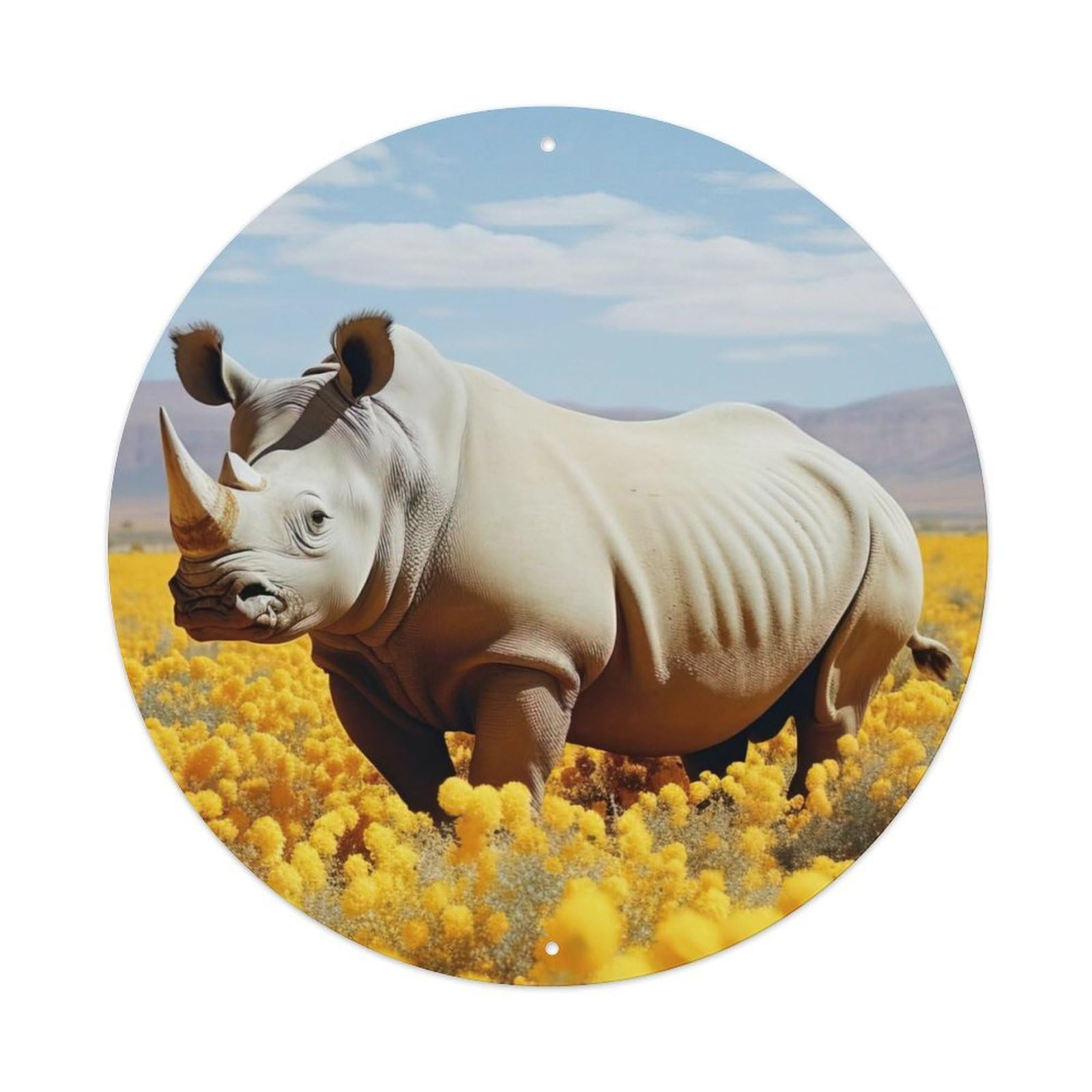 Mighty Rhinoceros Animal Vintage Metal Tin Sign Plaque Wall Decor for Cafe, Club, Garden Round Metal Poster 8x8Inch