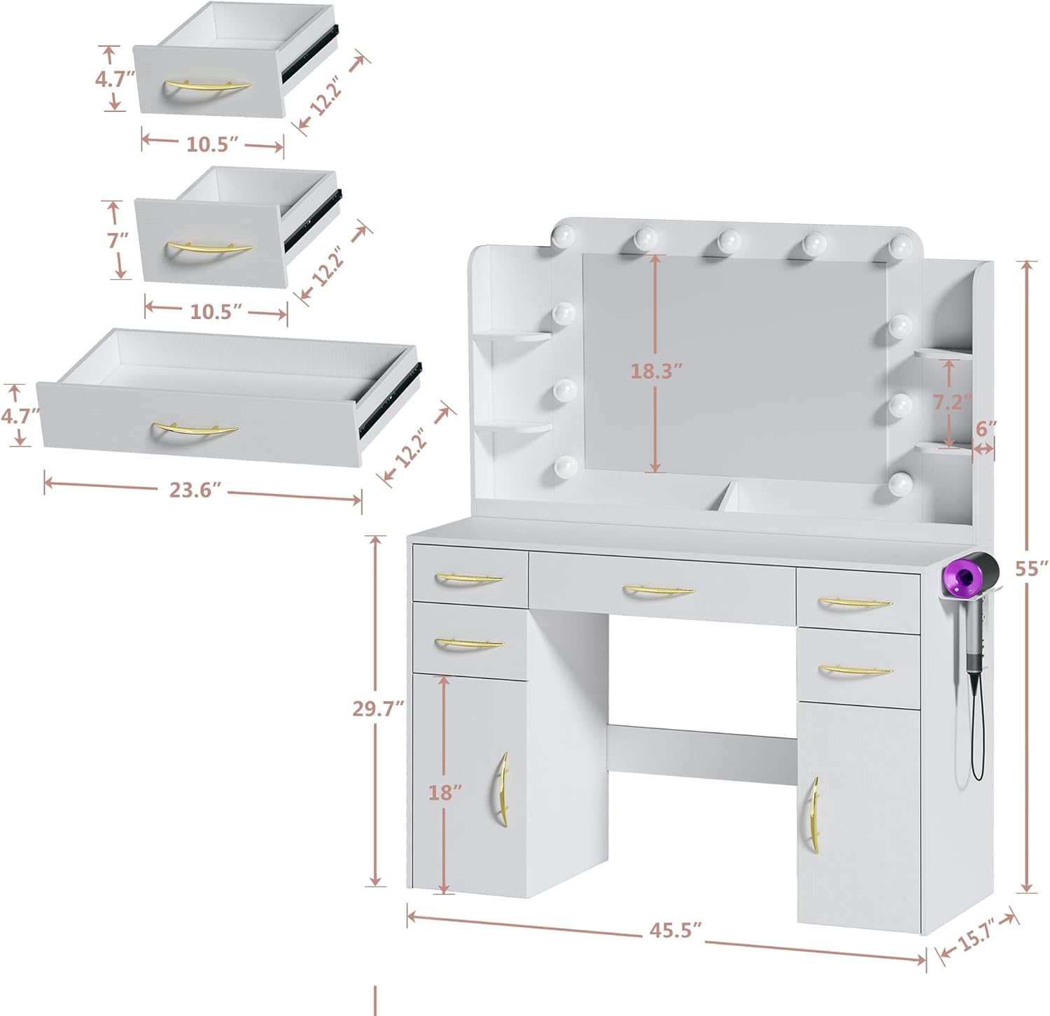 Dimensional diagram of the ALEXNUTRE vanity desk with measurements