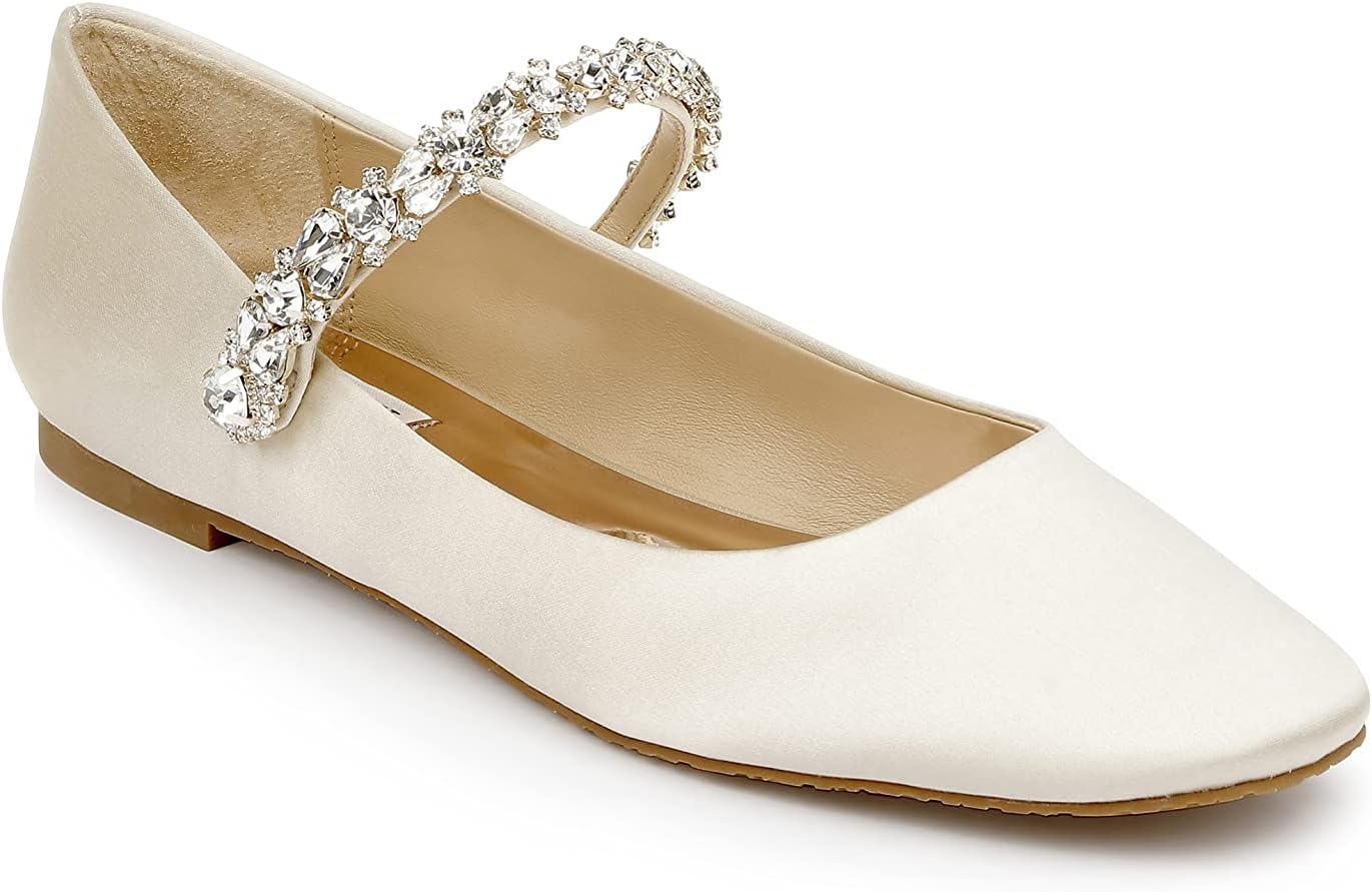 Badgley Mischka Women's Tevin Mary Jane Flat, Ivory Satin, 8.5