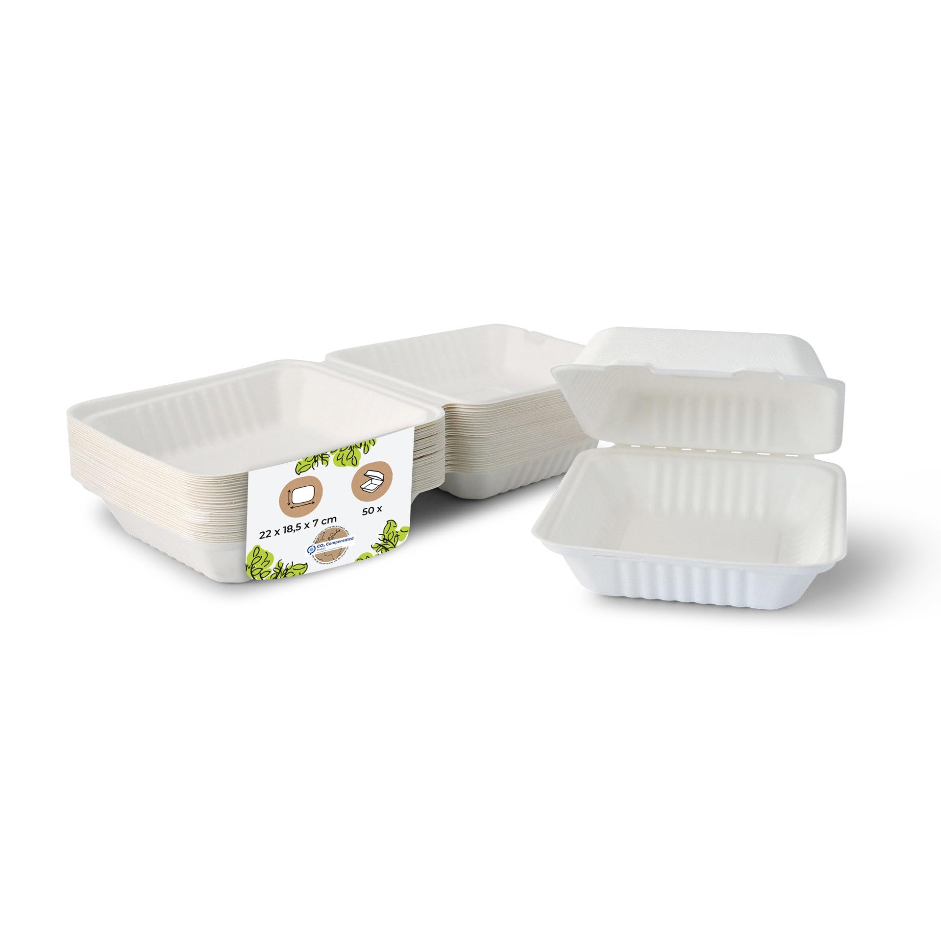 BIOZOYG Burgerbox aus Zuckerrohr mit angrenzendem Deckel I 50 Stück kompostierbare Snackverpackung aus Bagasse - biologisch abbaubar I Pommes Menübox eckig I Lunch to go 22 x 18,5 x 7 cm