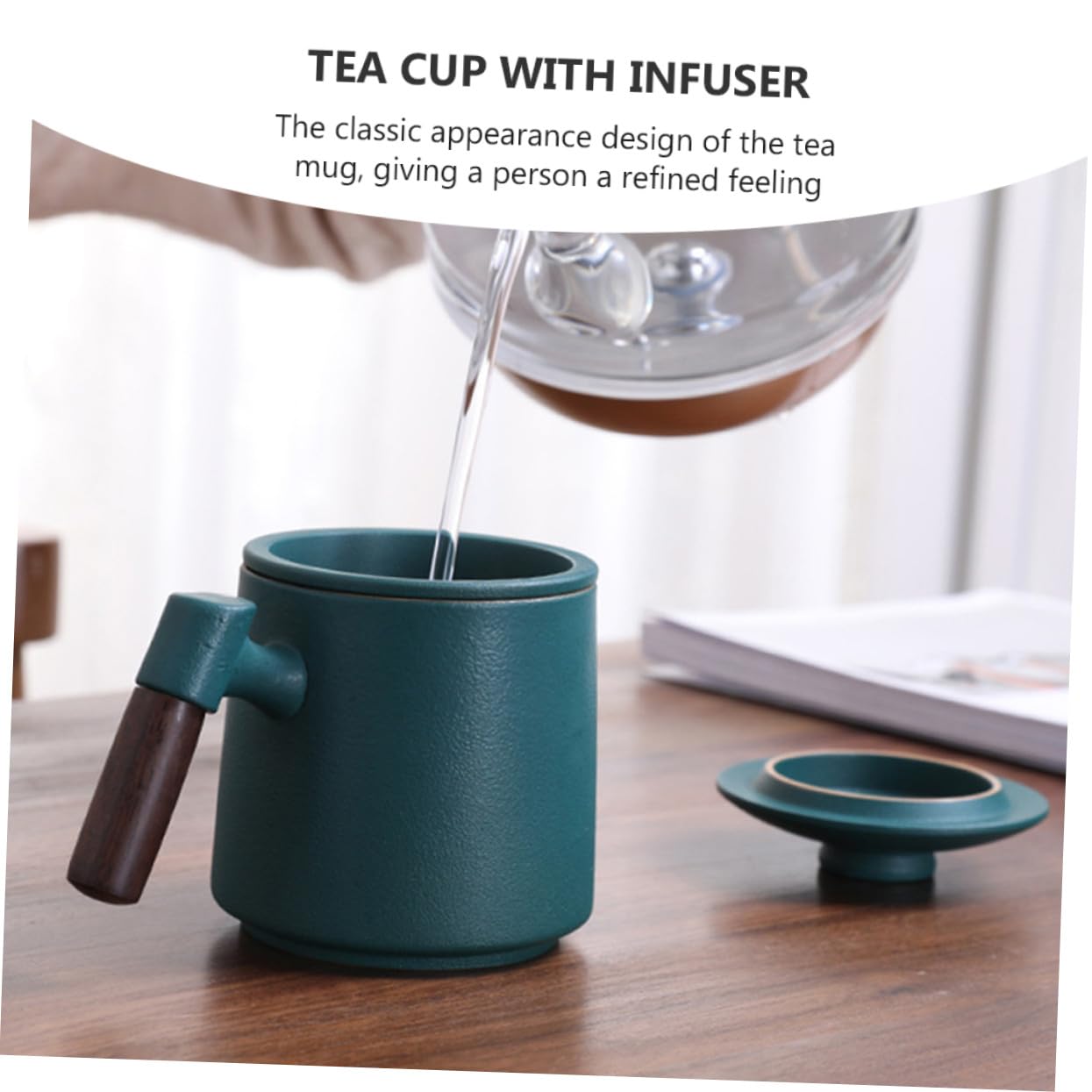 Mikinona Juego de Tazas de Cerámica Verde de 400ml con Infusor y Tapa, Mango de Madera, Diseño Clásico Retro, Antiescaldado y Fácil Limpieza para Té o Café