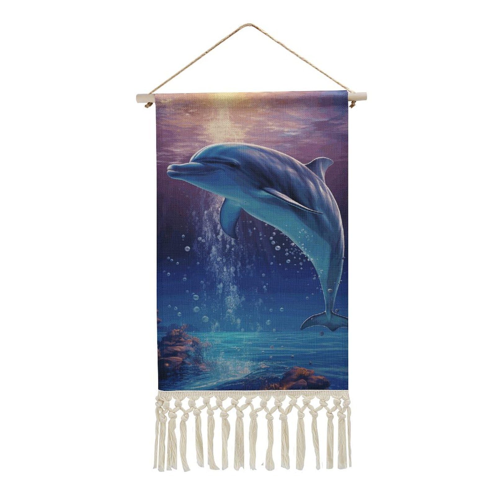 BTCOWZRV Cotton And Linen Hanging Poster with Tassels, Ocean Dolphin Wall Hanging Tapestry Vintage Wall Art Painting Modern Artwork Decoration for Home Decor Ready to Hang 10x19.6 in