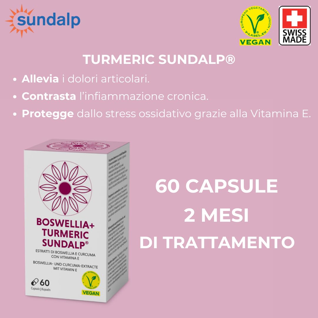 SUNDALP Boswellia + Turmeric | Integratore per Articolazioni e Dolori Muscolari Cronici | Integratore Alimentare con Estratti di Boswellia Serrata, Curcuma Longa e Vitamina E - 60 Capsule