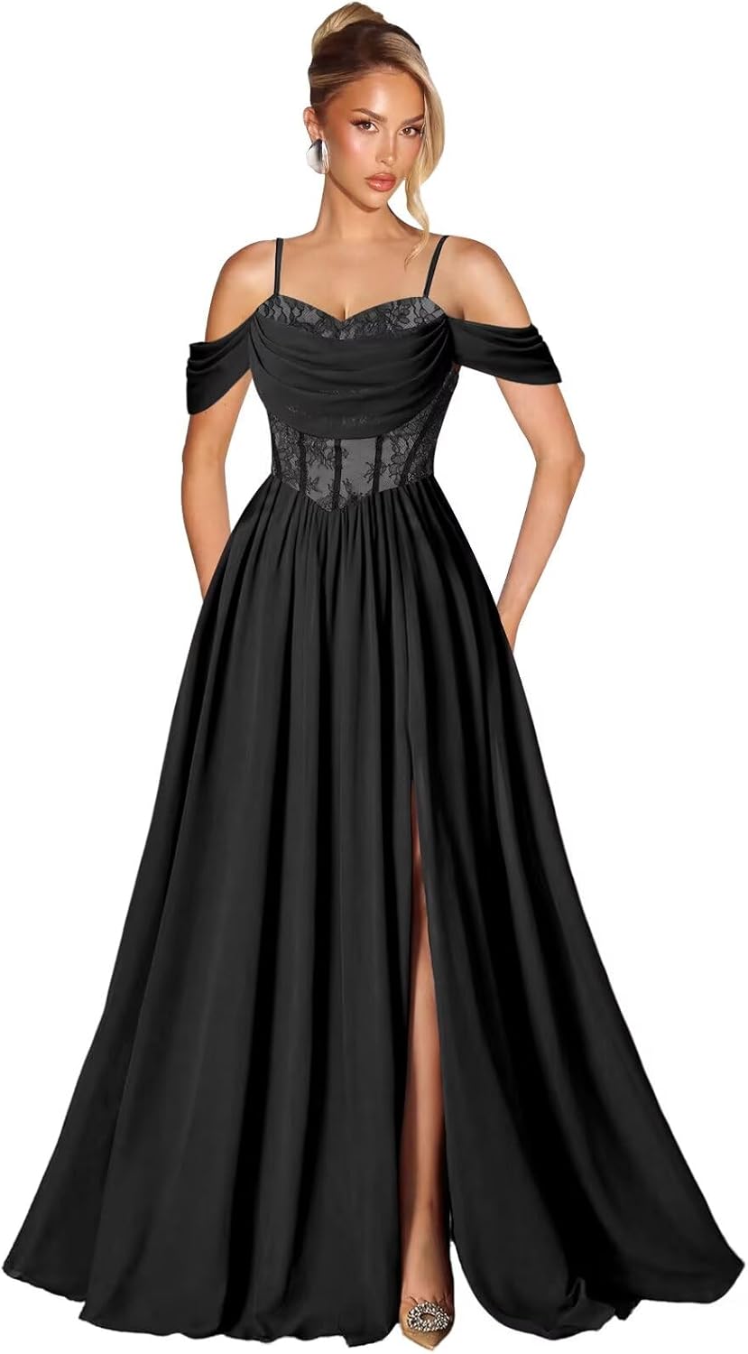 Off The Shoulder Corset Prom Dress Long Lace Party Dress Chiffon A Line Formal Dresses with Slit