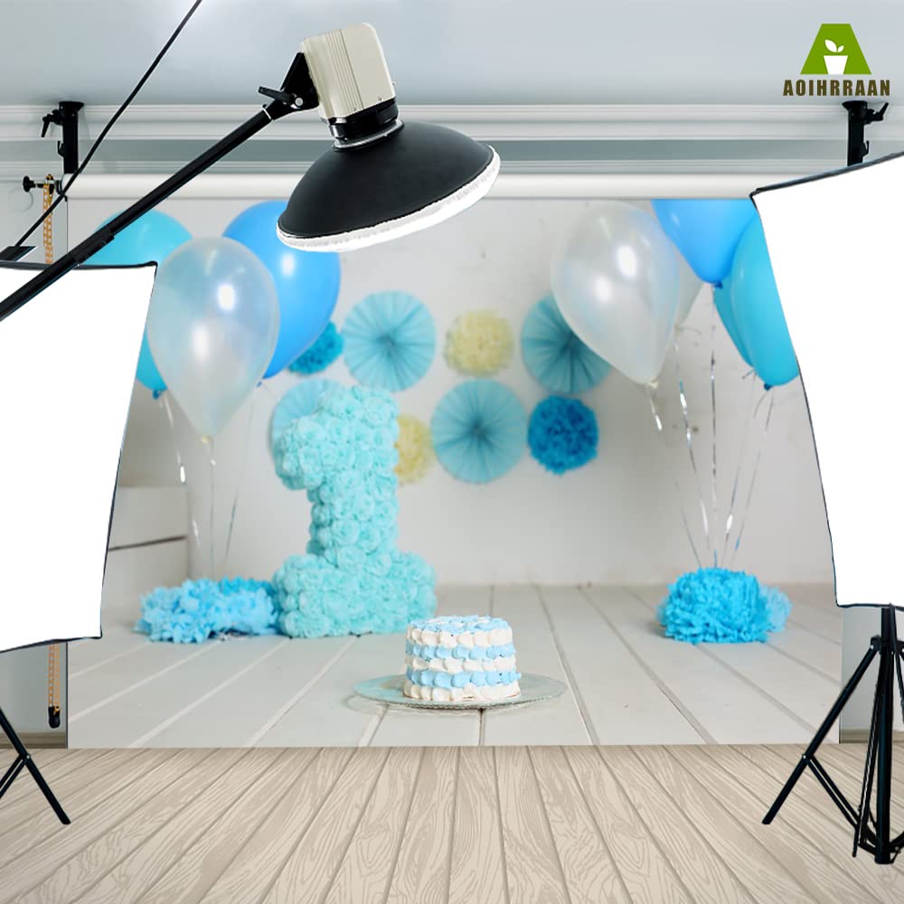 Aoihrraan 3,5x2,5m Kinder 1. Geburtstag Hintergrund Blau Luftballons Papier Blume Kuchen Geburtstag Zimmer Dekor Fotografie Hintergrund für Junge Mädchen Party Baby Dusche Dessert Tisch Foto Prop