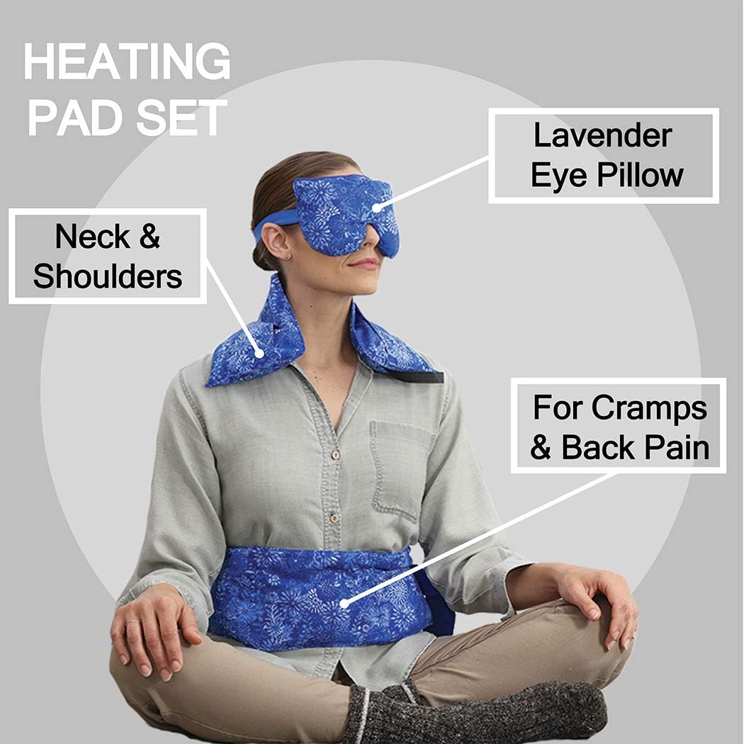 🛒 Flаѕh Sаlе Hot Pockets Set of 3 Rice Heating Pad Microwavable - Includes Heating pad for Neck and Shoulders + Heating Pads for Back Pain + Lavender Eye Pillow for Stress Relief (Blue Flowers)