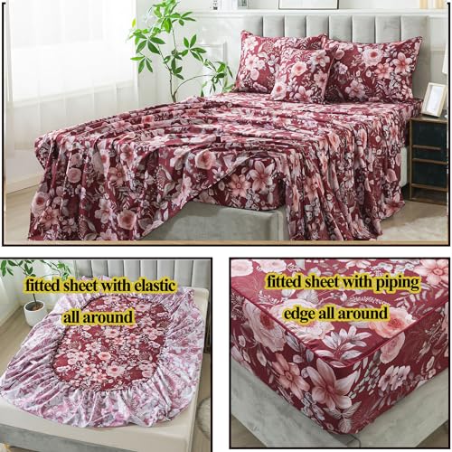 Image of FADFAY Rose Floral Sheets Cal King Vintage Red Floral Bedding Shabby Pink Peony Sheets Farmhouse Bedding 800 Thread Count 100% Egyptian Cotton Soft Deep Pocket Fitted Sheet 4Pcs, California King Size