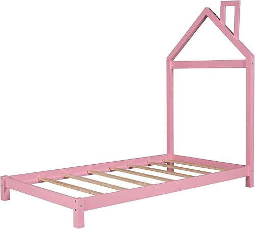 Miniatura 6 de Anwick Cama infantil de tamaño individual con cabecera en forma de casa cama de suelo para niños pequeños con listones de madera maciza marco de