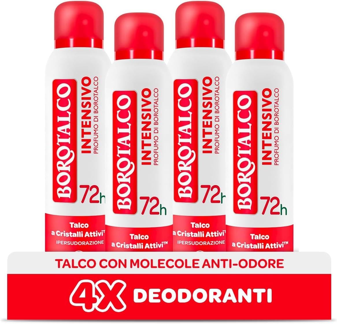 Borotalco, Intensives Deodorant Spray mit Talkum mit aktiven Kristallen, Hyperschwitzen, ohne Alkohol, Puderduft, 72h Wirksamkeit – 4 Stück à 150 ml – Exklusiv von Amazon