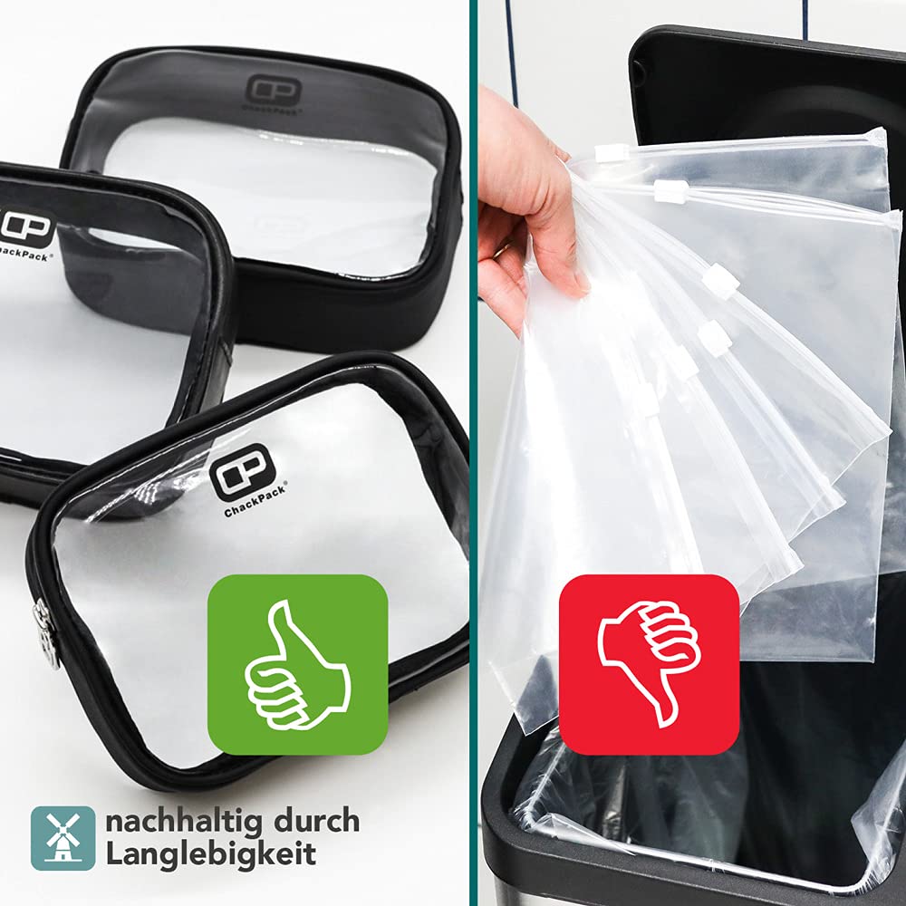 ChackPack Reisetasche Leder Edition - durchsichtig I ideal für Reisen als Handgepäck, Kulturbeutel oder Kosmetiktasche I Unisex Reise Organizer Set I wasserfeste Schminktasche mit Aufhängfunktion