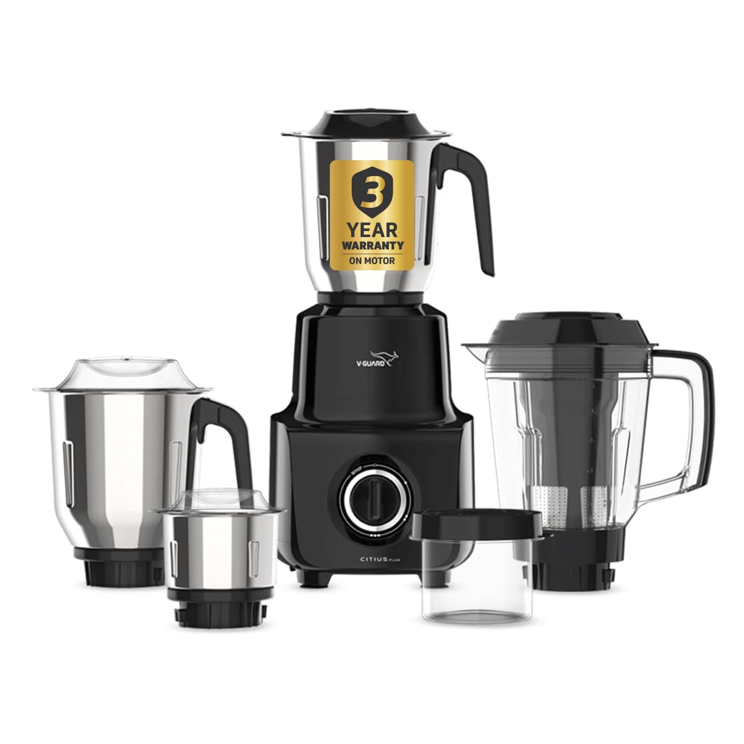 V-Guard Citius Plus 750 Watt Juicer Mixer Grinder (New Launch) | 3 Year Motor Coverage by V-Guard | 5 Jars | Sturdy Juicer Jar with QuadraFlow Design | Precision Blend SS Blades
