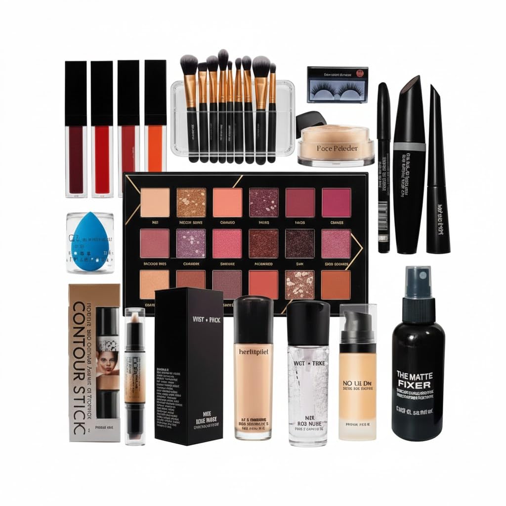 Complete Makeup Kit Set with Eyeshadow Palette, Brushes, Lipsticks, Mascara, Foundation, Contour Stick, Eyelashes, Face Powder, Makeup Sponge, Setting Spray-image-31