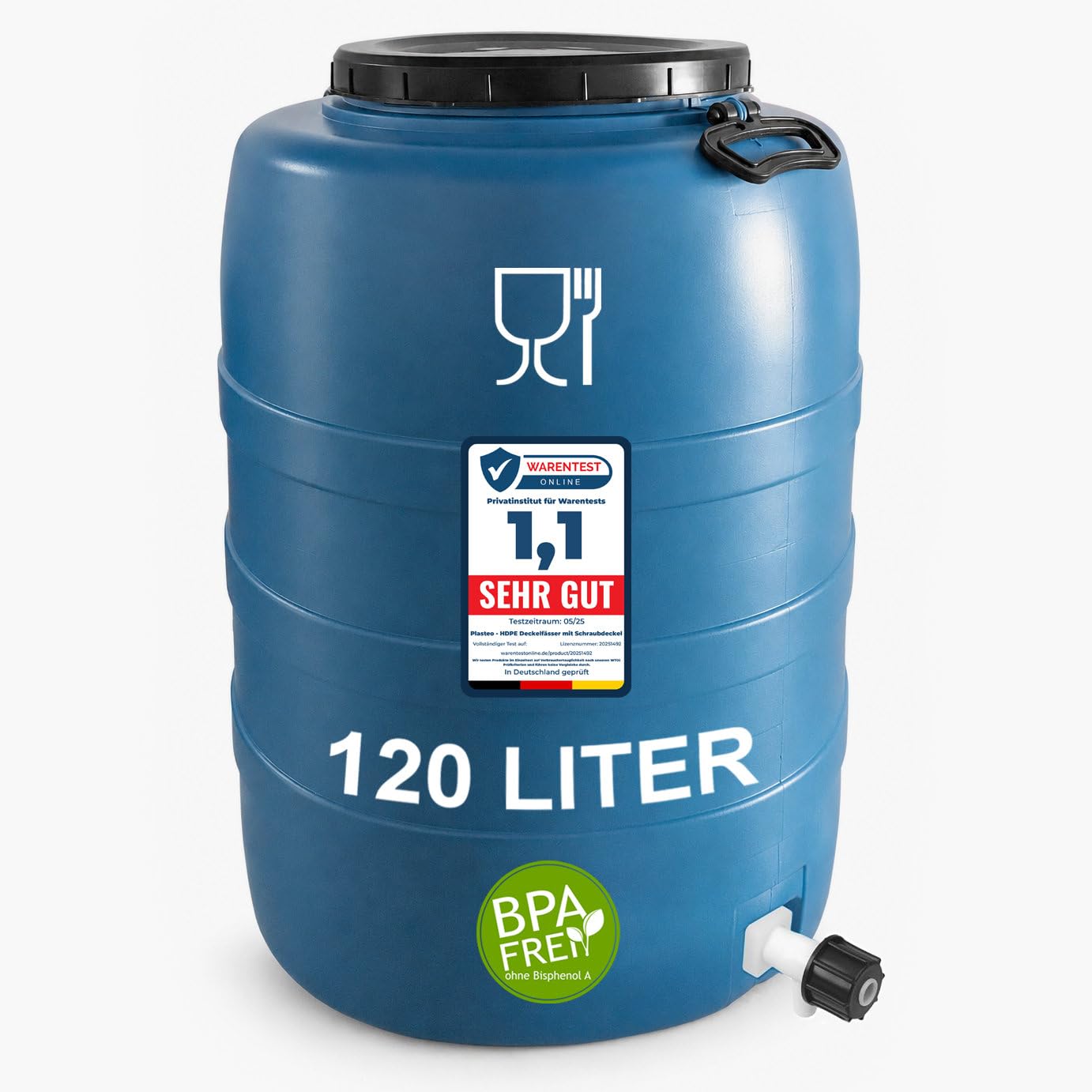 plasteo Barile con coperchio a vite, per alimenti (120 l, blu con rubinetto