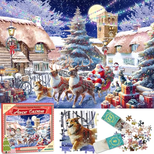 Puzzle Advent Calendar 2025 - Christmas Santa's Sleigh Ride 1008 Pieces Christmas Puzzle for Adults kids, 24 Days Holiday Puzzle Countdown to Christmas as Home Decoration