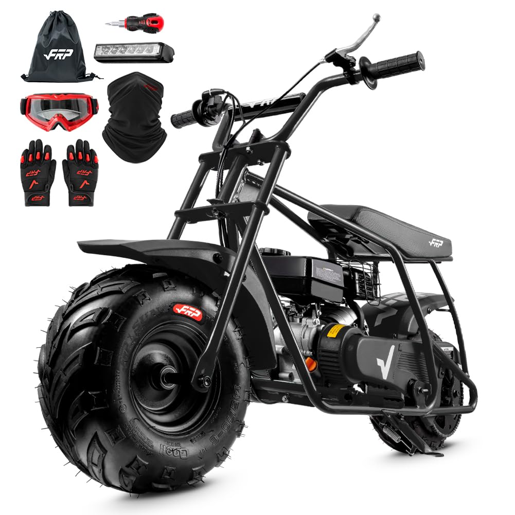 FRP Mini Dirt Bike GMB100 Max, 99CC Gas Powered Mini Bike 4-Stroke,Mini Bikes for Kids/Adult, W/LED Headlight, Goggles, Gloves and Neck Gaiter,Up to 28 Mph, Weight Support Up to 220 LBS (BLACK)