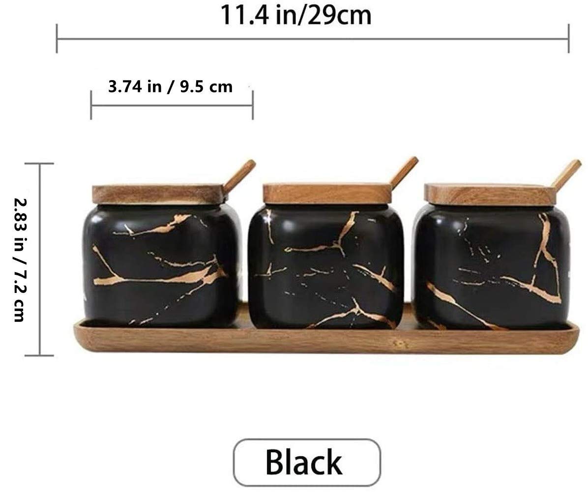 Juego de salero y azucarero, volumen aprox. 340 ml, juego con 3 azucareros de mármol con tapas y cucharas para servir, madera Tra-Black