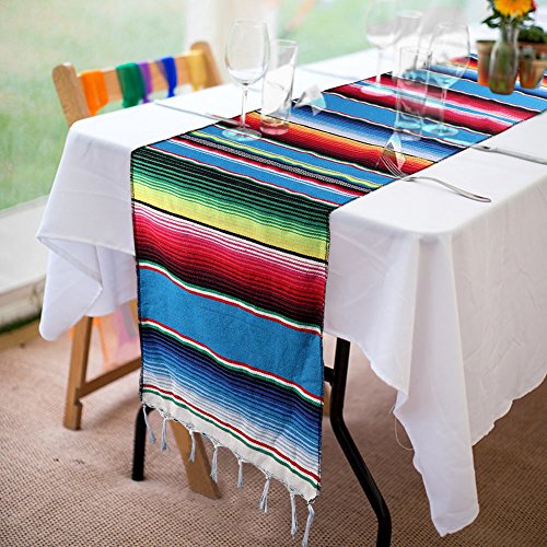 OurWarm Mexican Table Runner Handwoven Fringe Cotton Serape Blanket Table Runners, Colorful Mexican Stripe Table Runner for Mexican Party Decorations Fiesta Party Supplies, 14in x 84in