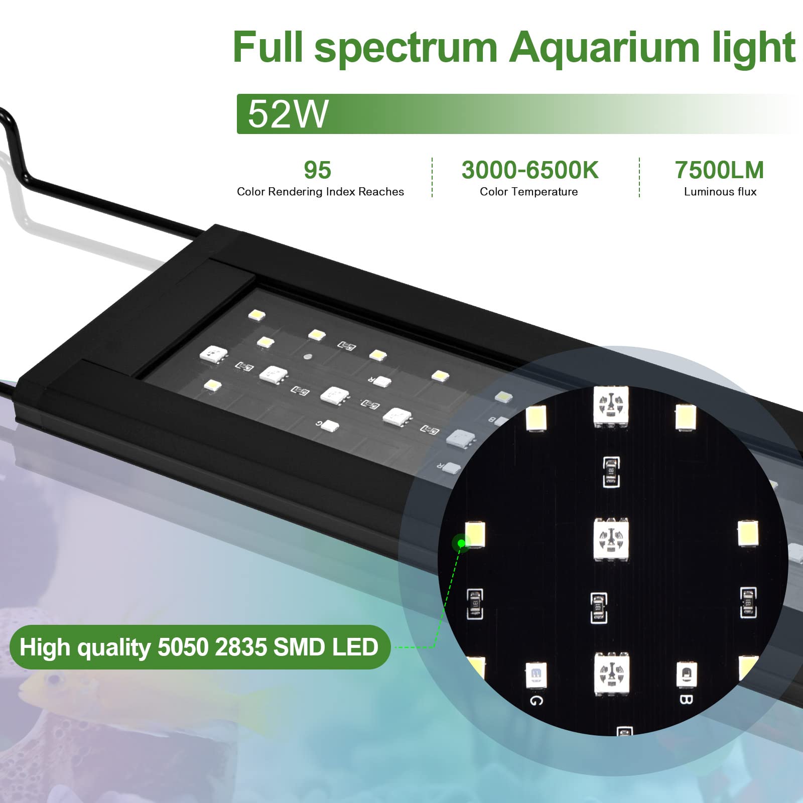Led Aquarium, 52W RGBW Spectre Complet Lumiere Eclairage, 6500K Fish Tank Lumière Avec Minuterie, 116–140cm Alu Longueur Support Extensible Lampe