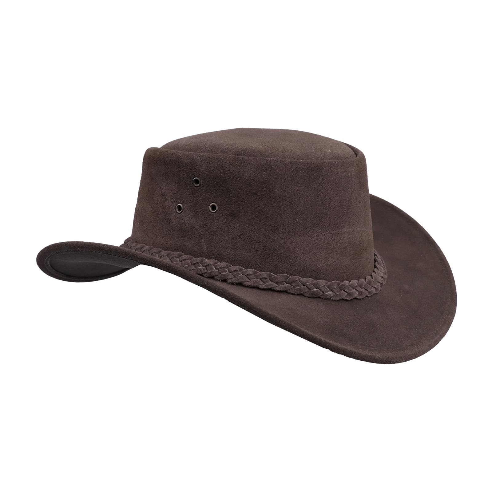 Leatherick Men's Brown Cowboy Hats For - Braided Western Aussie Style Wide Brim Vintage Outback Hats With Chin Cord (L, )