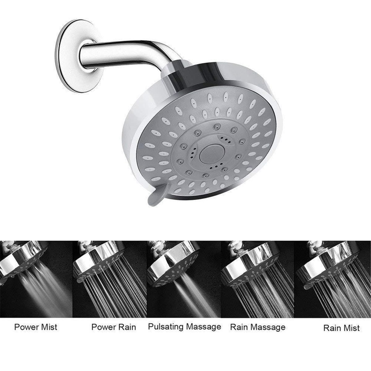Michear Rainfall Shower Head High Pressure Fixed Shower Head 5-Setting with Adjustable Metal Swivel Ball Joint Chrome Rain Setting Shower Heads Replacement Shower Head Universal G1/2 Fitting (Silver) - Image 3