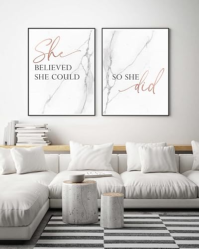 Miniatura 2 de NATVVA Póster artístico de pared con texto en inglés She Believed She Could So She Did, impresiones en lienzo, pintura de oro rosa, obra de arte