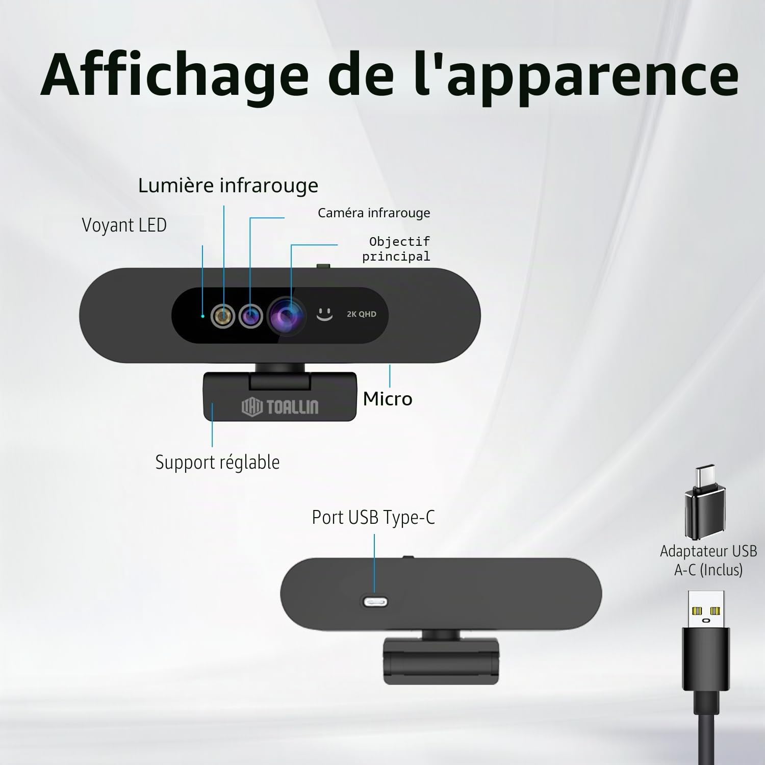 TOALLIN Webcam 2K QHD pour Windows Hello Face Login, caméra de reconnaissance faciale infrarouge, webcam USB avec microphone, vue grand angle de 92 °, pour appels vidéo