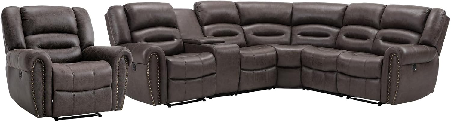 EBELLO L-Shaped Power Reclining Sectional Sofa Set, Faux Leather Corner Couch Home Furniture Set with Storage Console, Cup Holders, USB Port(Dark Brown,Sofa with Recliner)