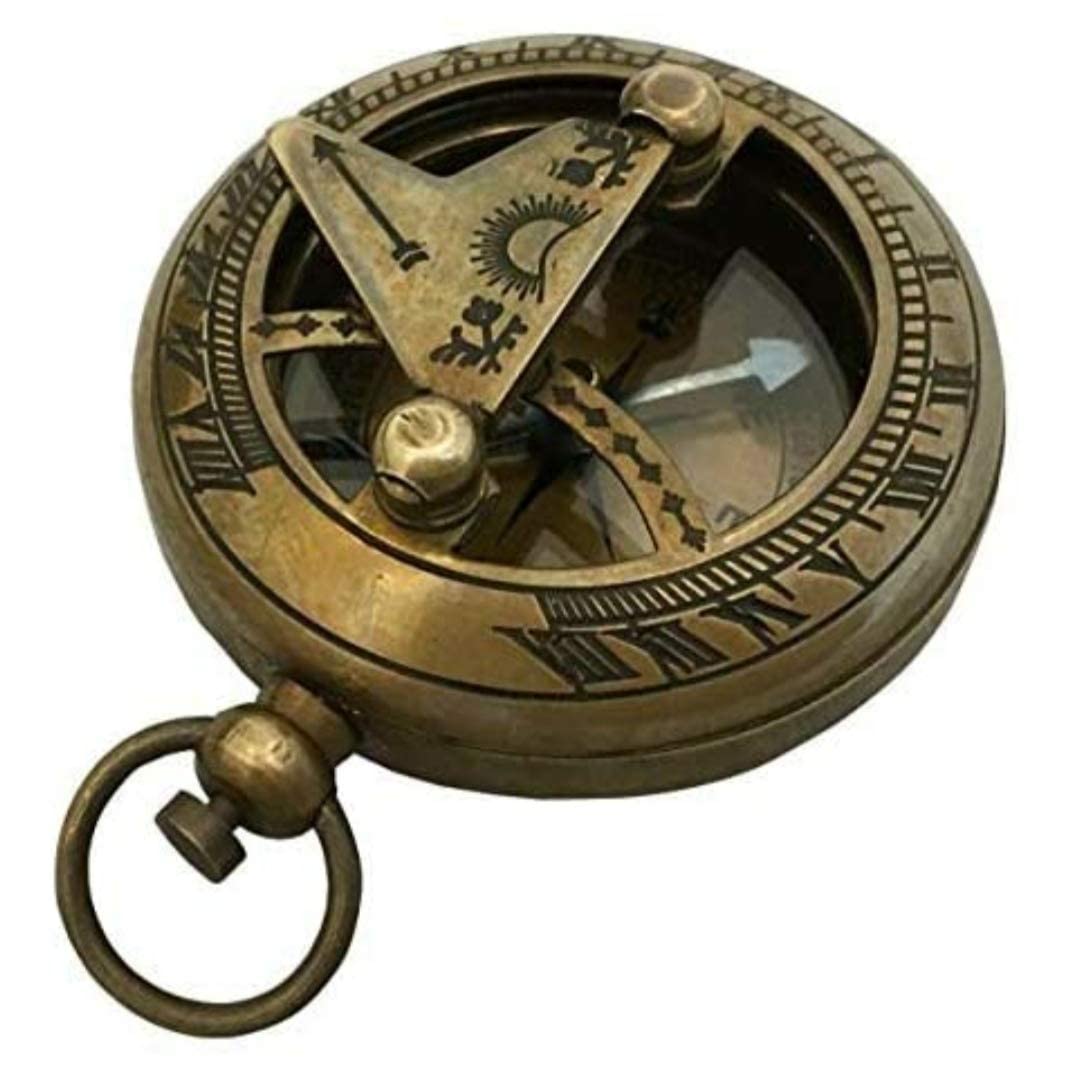 RH Decor World Antique Brass Mini Sundial Compass Push Button Pocket