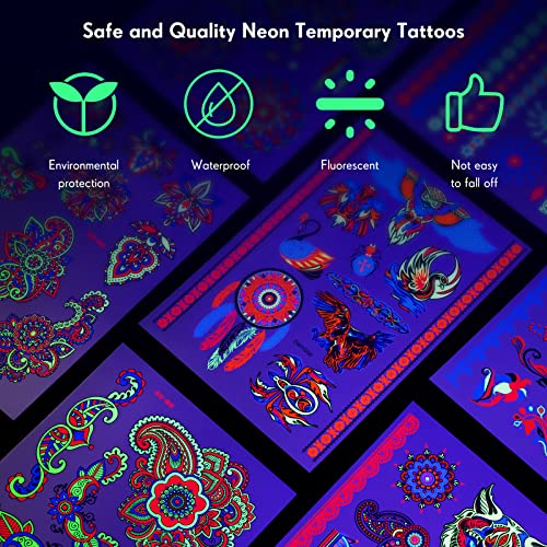 12 Sheets Large Glow In The Dark Tattoo Neon Temporary Makeup, Rave Festival Accessory, Fake Face Butterfly Tattoo Uv Blacklight For Women Party Supplies (Tribal Style) #TOP2