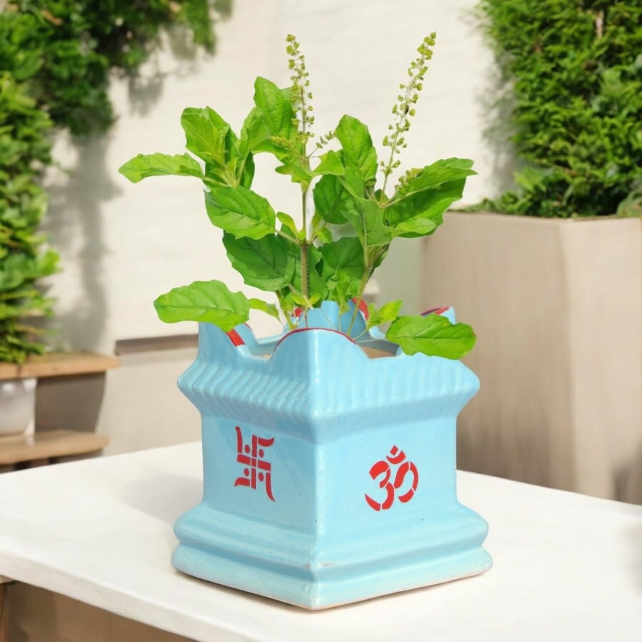 ecofynd 6 inches Ceramic Tulsi Pot for Home, Flower Plant Pot with Drainage Hole, Decorative Modern Indoor Planters, Home Garden Decor for Living Room Bedroom Interior (Sky Blue,CPOT016-06)