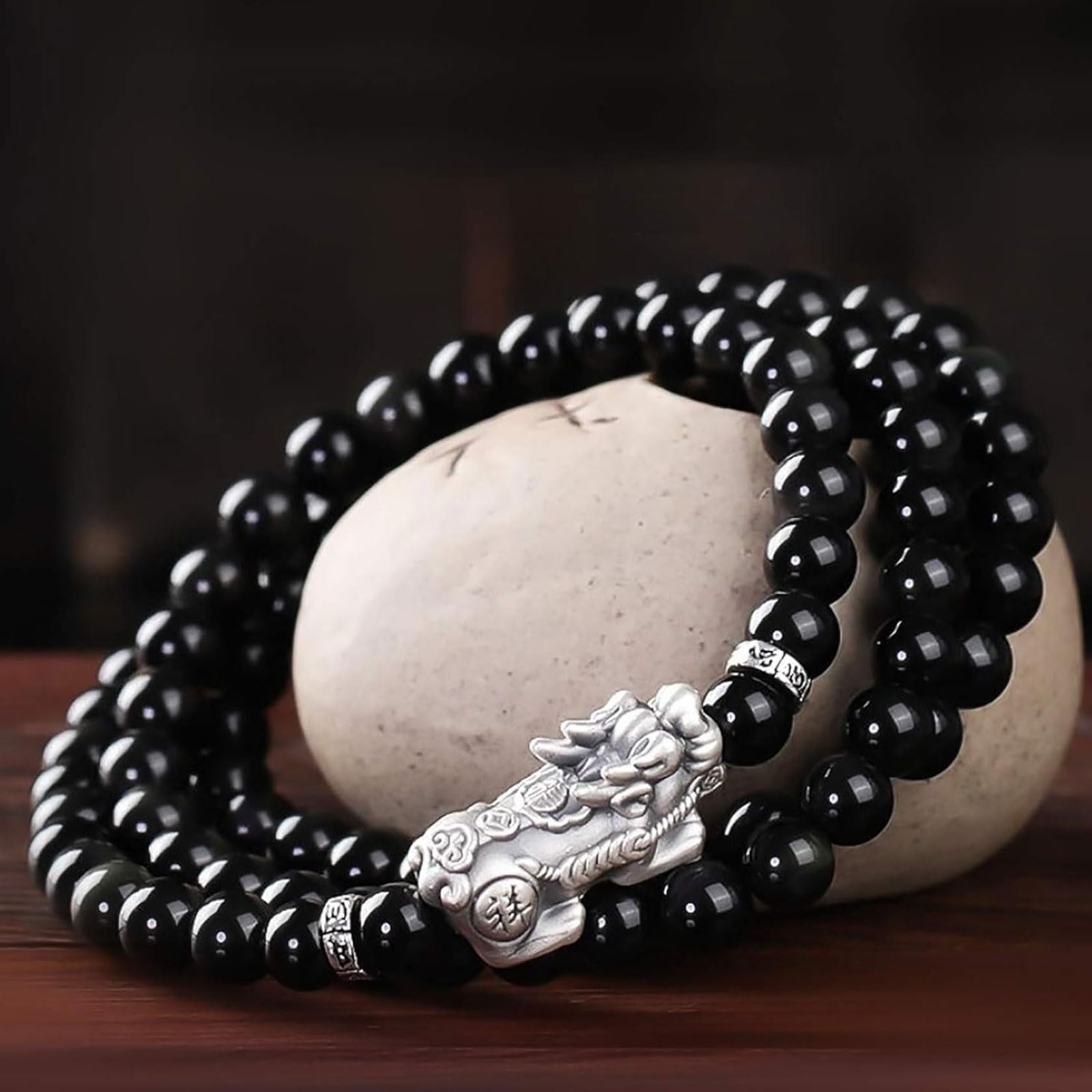 Braccialetto curativo Bracciale in argento con ossidiana, bracciale con perline di Buddha fortunato, perline rotonde, bracciale con perline elasticizzate, gioielli, prosperità, soldi, fortuna