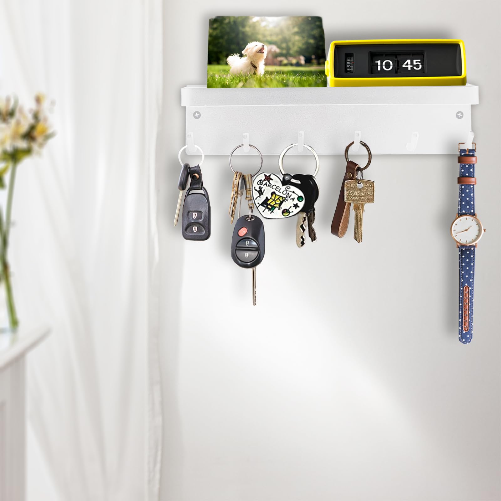 Echehi 6 Ganchos Cuelga Llaves Con Estanteria, la Multifuncional Autoadhesivo a Prueba de óxido Metal Colgador Llaves Pared Adecuado para Entrada, Cocina, Oficina, Baño y sala de estar (Blanco)