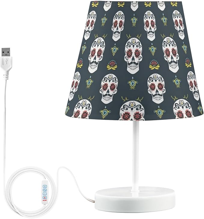 ALAZA Funny Day of the Dead Sugar Skull Decor Bedside Table Lamp with USB Port 3 Color Temperatures LED Desk Lamp for Bedroom Office M