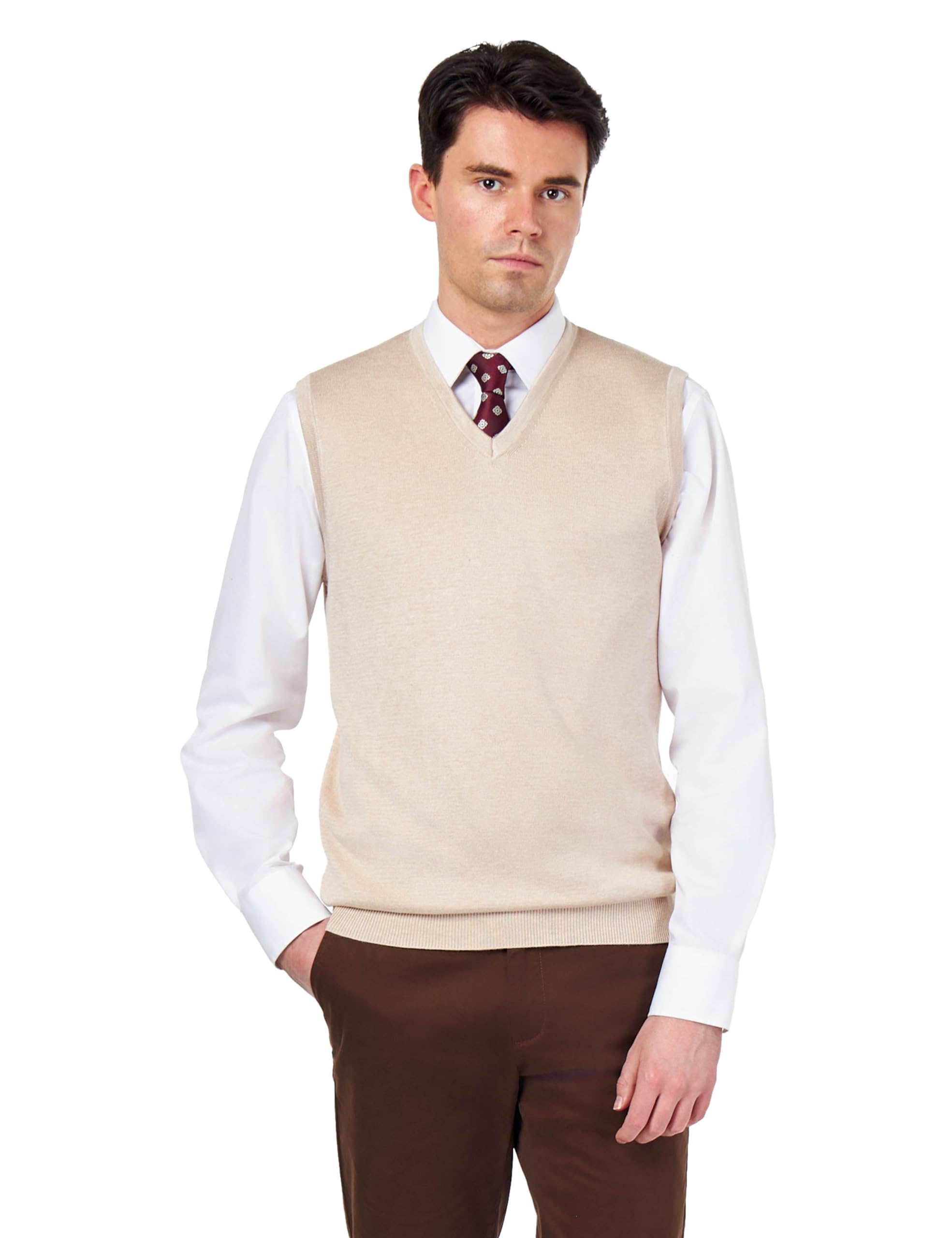 Men’s Knitted 100% Cotton Beige Sleeveless Jumper V-Neck Vest [JUMPER-VEST-543-BEIGE-2XL]